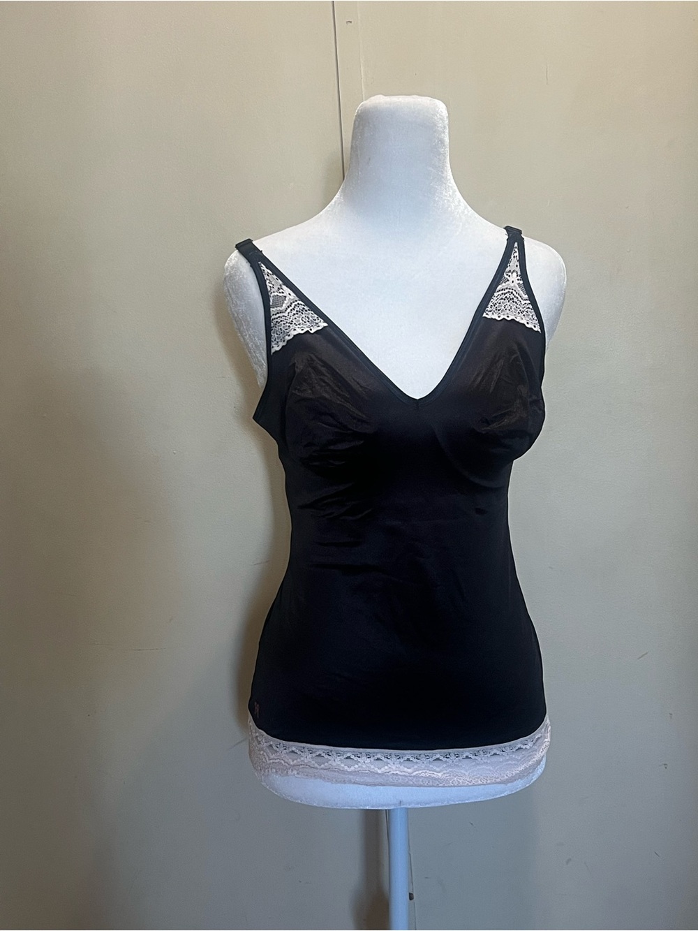 Ruby Ribbon Black Camisole with White Lace Accents